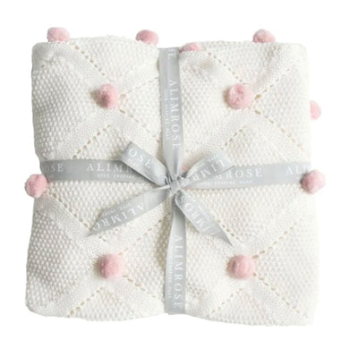 Alimrose Pom Pom Baby Blanket - Ivory with Pink Pom Poms