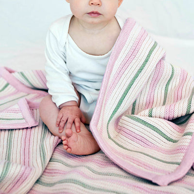 Branberry Striped Garter Knit Cot Blanket - Pink, Mint & Ivory