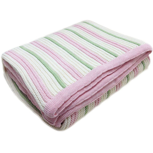 Branberry Striped Garter Knit Cot Blanket - Pink, Mint & Ivory